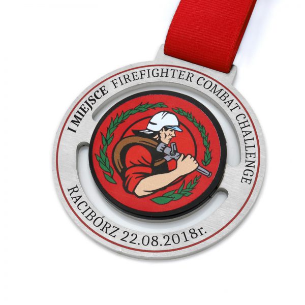 Metalowy medal na zawody strażackie z nadrukiem