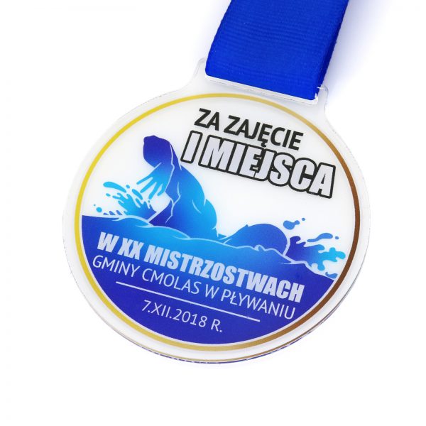 Medal z pleksi na turniej pływacki z kolorowym nadrukiem