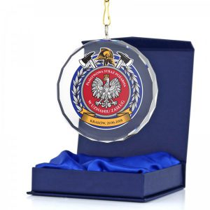 medal ze szkła dla strażaka z nadrukiem